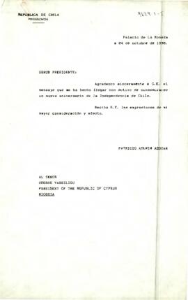 [Carta de S.E El Presidente de la República a Presidente de la República de Cyprus]