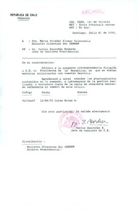 [Carta del Jefe de Gabinete de la Presidencia a Ministra Directora del SERNAM]