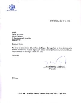 [Carta del diputado Jaime Estévez donde adjunta carta sobre problema de nuevo vertedero en Pirque]
