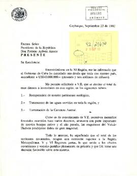 [carta de Senador Hugo Ortiz dirigida a Presidente Aylwin solicitando invertir recursos en XI Región]