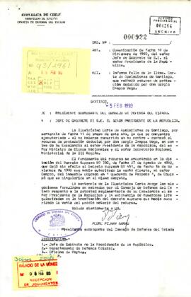 [Carta de Pedro Pierri Presidente Subrogante Consejo de Defensa a Jefe de Gabinete  informando fallo  Corte de Apelaciones]