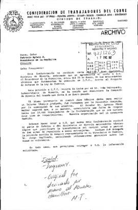 [Carta de la Confederación Nacional de Trabajadores del Cobre dirigida al Presidente Patricio Ayl...