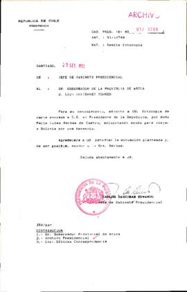 [Oficio del Jefe de Gabinete Presidencial dirigido al Gobernador Provincial de Arica]