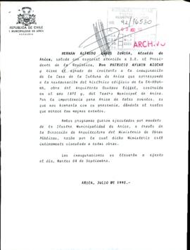 [Invitación del Alcalde de Arica, Hernán Lagos al Presidente Patricio Aylwin]