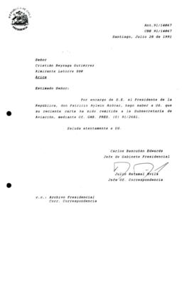 [Carta de respuesta por remisión de correspondencia enviada al Presidente, redirigiéndola  remitida a la Subsecretaría de Aviación ]