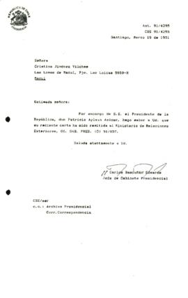 [Informa que carta fue remitida Ministerio de Relaciones Exteriores, Of. GAB. PRES. (0) 91/857]