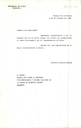 [Carta de S.E El Presidente de la República a Vice-Presidente y Primer Ministro de la Unión de Emiratos Árabes]