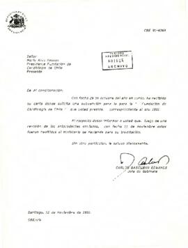 [Acusa recibo de carta donde se solicita una subvención para la para la " Fundación de Cardiología de Chile]
