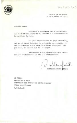 [Carta del Presidente Aylwin al Presidente del Consejo de Administración Banco Santander, agradeciendo felicitaciones por asunción al mando].