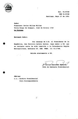 Carta remitida a la Intendencia Región Metropolitana, mediante 0£. GAB. PRES. (O) 91/1740.