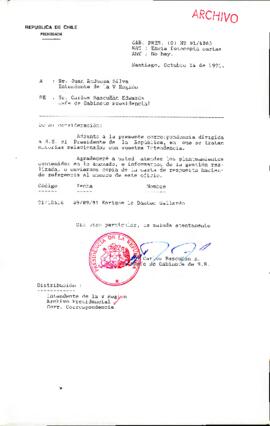 [Oficio del Jefe de Gabinete Presidencial dirigido al Intendente dé la V Región, Sr. Juan Andueza Silva]