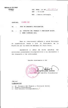 [Copia de carta de solicitud enviada por por la Junta de Adelanto de Chile Chico  al Gabinete presidencial, remitiéndola al Ministro del Trabajo y Previsión Social]