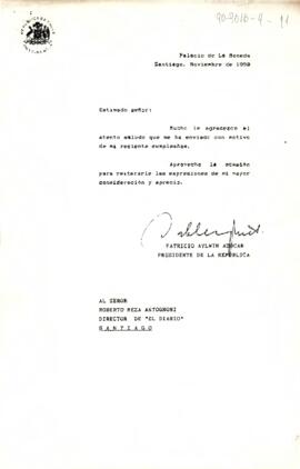 [Carta de Presidente Aylwin, dirigida a Director de "El Diario"]