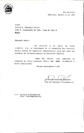 [Carta de respuesta enviada al Sr. Carlos Carrasco remitiendo su caso a Subsecretaría de Educación]