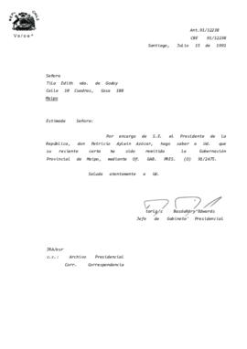 Carta remitida la Gobernación Provincial de Maipo, mediante Of. GAB. PRES. (O) 91/2475.