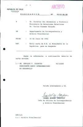 Memorandun N° 92/09: Envío carta de S.E. el Presidente de la República, para su despacho