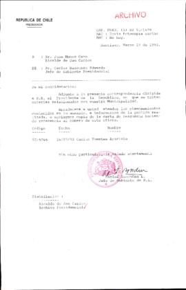 [Carta del Jefe de Gabinete de la Presidencia a Alcalde de San Carlos]