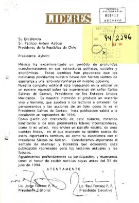 [Carta dirigida a Presidente Aylwin enviada por Revista Lideres, México]