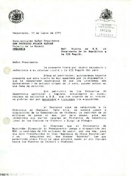 [Carta de Senado de la República referente a visita de Presidente Aylwin a la III Región]