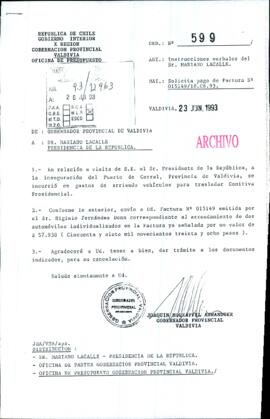 [Oficio de la Gobernación Provincial de Valdivia mediante el cual solicita pago de factura]
