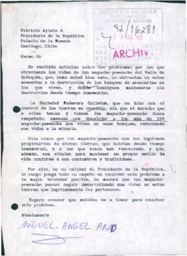 [Carta sobre situación de los Mapuche-Pehuenche del Valle de Quinquén]