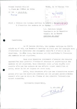 [Carta de opinión dirigida al Presidente Patricio Aylwin, referente a amenazas dirigidas a CODEPU]