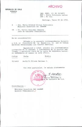 [Carta del Jefe de Gabinete de la Presidencia a Ministra Directora del SERNAM]