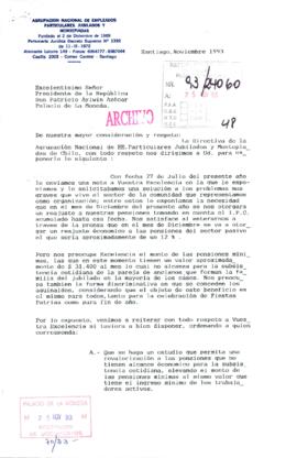 [Carta de la Agrupación de Empleados Particulares Jubilados  y Montepiadas dirigida al Presidente Patricio Aylwin, mediante el cual expresan preocupación por las pensiones mínimas]