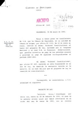 [Oficio Nº 1123 de Cámara de Diputados, informa envío a Tribunal Constitucional proyecto de ley aprobado]