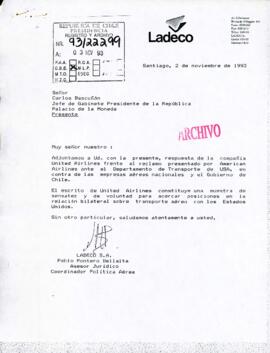 [Carta del asesor jurídico de LADECO dirigida al Gabinete Presidencial, mediante la cual informa sobre reclamo presentado por American Airlines ante el Departamento de Transporte de USA en contra de empresas aéreas chilenas]