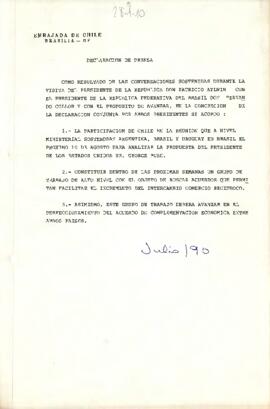 Declaración de Prensa de Embajada de Chile Brasilia