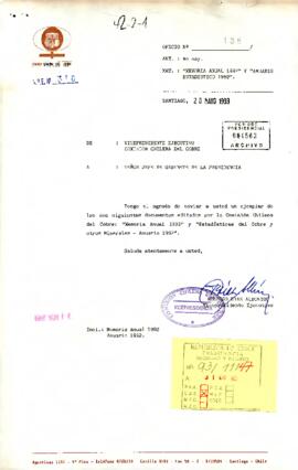 [Carta de presentación de Memoria Anual y Anuario Estadístico 1992 de Cochilco]