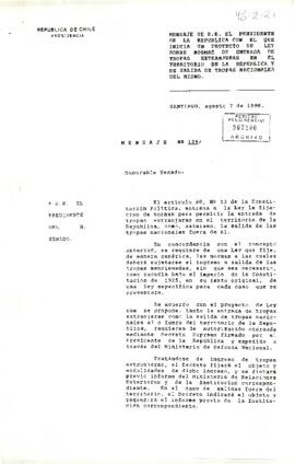 [Carta del Presidente Patricio Aylwin a la Cámara del Senado sobre tramitación de Proyecto de Ley sobre normas de entrada de Tropas Extranjeras]