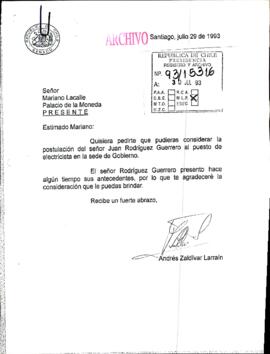 [Carta del Senador Andrés Zaldivar donde recomienda al Sr. Juan Rodríguez Guerrero al puesto de electricista en la sede de Gobierno]