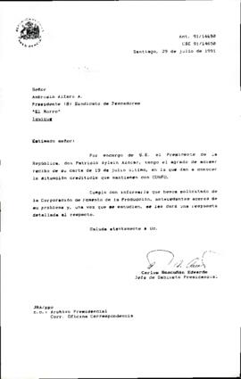 [Carta de respuesta del Jefe de Gabinete Presidencial dirigida al Presidente del Sindicato de Pescadores "El Morro"]