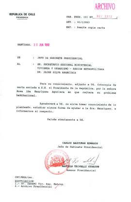 [Carta del Jefe de Gabinete de la Presidencia a SEREMI de Vivienda Región Metropolitana]