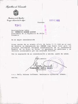 [Carta de la Presidenta del Consejo Nacional de la Mujer de Venezuela]