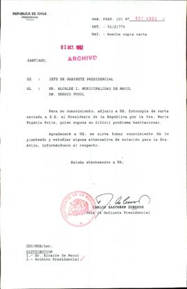 [Carta del Jefe de Gabinete de la Presidencia a Alcalde de Macul]