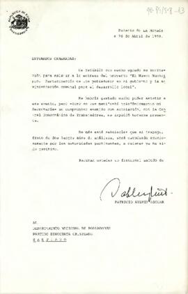 [Carta del Presidente de la República rechazando invitación a la entrega del proyecto "El Nuevo Municipio"].