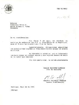 Carta de Carlos Bascuñan a Washinton Motta R. y María Eliana S. Vidal
