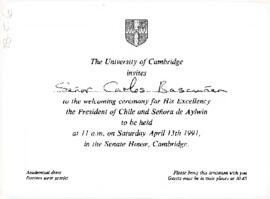 [Invitación de Universidad de Cambridge a ceremonia en honor al Presidente Aylwin].