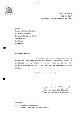 [Presidente agradece el envío de Boletin Informativo N2 11, editado por la Defensa Civil de Chile]