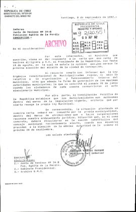 [Carta de respuesta del Ministro del Interior dirigida a la Junta de Vecinos N2° 34-6 de Concepción]