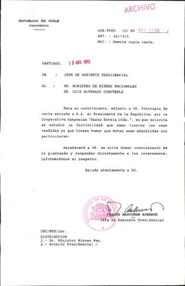 [Carta del Jefe de Gabinete de la Presidencia a Ministro de Bienes Nacionales]