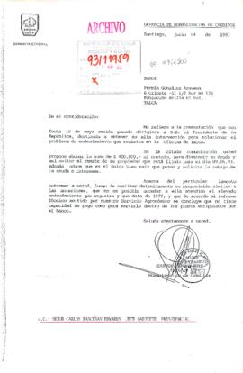 [Carta de Gerencia General del Banco del Estado de Chile por solicitud de condonación de deuda de Fermín González]