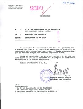 [Memorandum de Ministro del Interior, acusa recibo e informa]