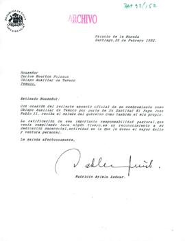 [Carta del Presidente Patricio Aylwin a Obispo Auxiliar de Temuco]