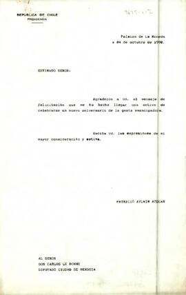 [Carta de S.E El Presidente de la República a Diputado Cuidad de Mendoza]