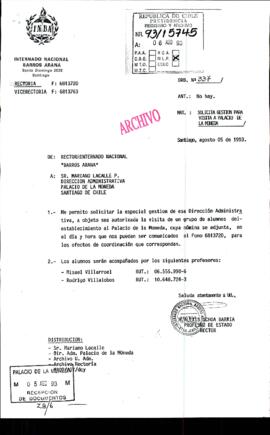[Orden del Internado Nacional Barros Arana de Santiago para una solicitud de visita al Palacio de La Moneda para los alumnos 3° Año Medio D]