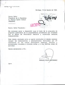 [Carta de Abogado Manuel Feliú en que proclama su precandidatura presidencial]